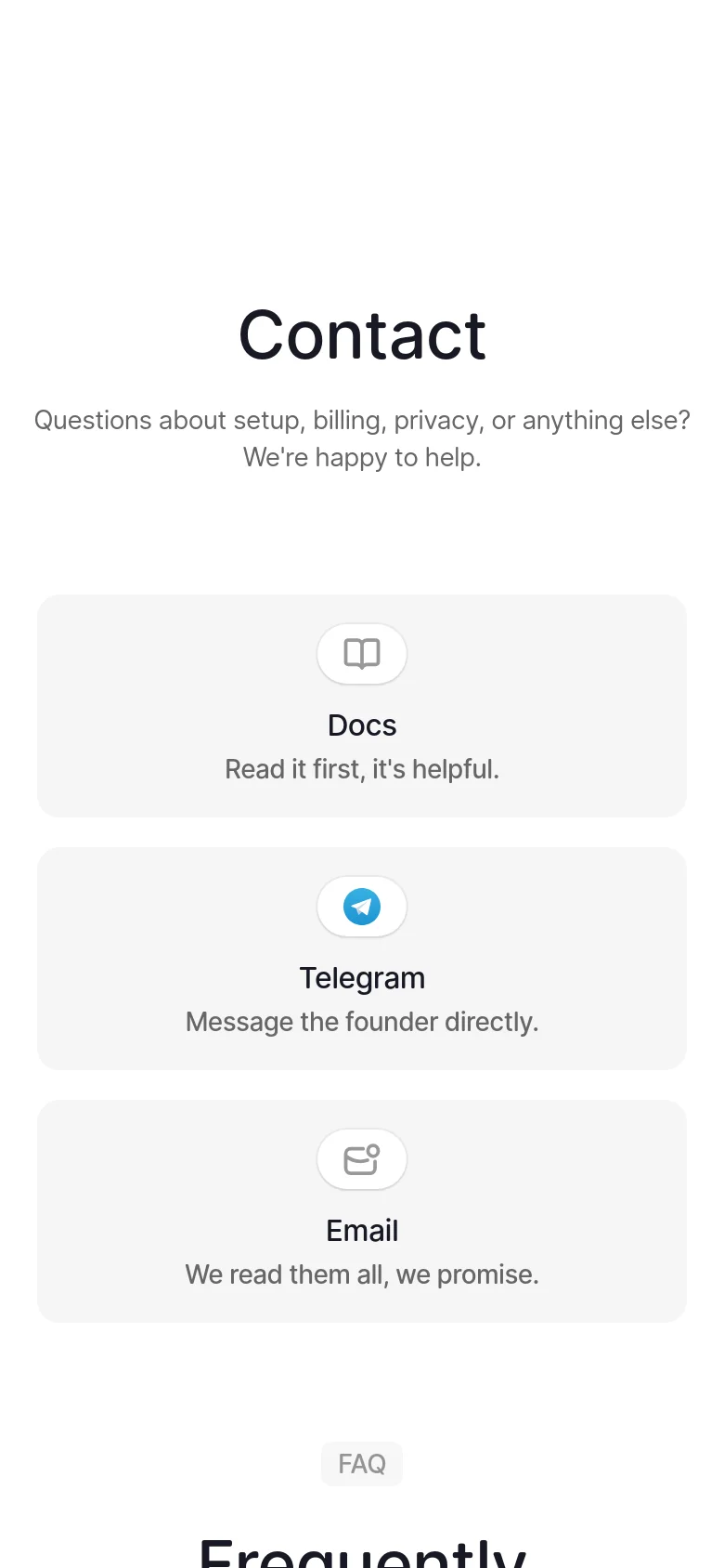 The mobile version maintains the minimalist white aesthetic but stacks the contact options vertically. The Docs, Telegram, and Email cards are arranged in a single column for easier scrolling, followed by the FAQ section.