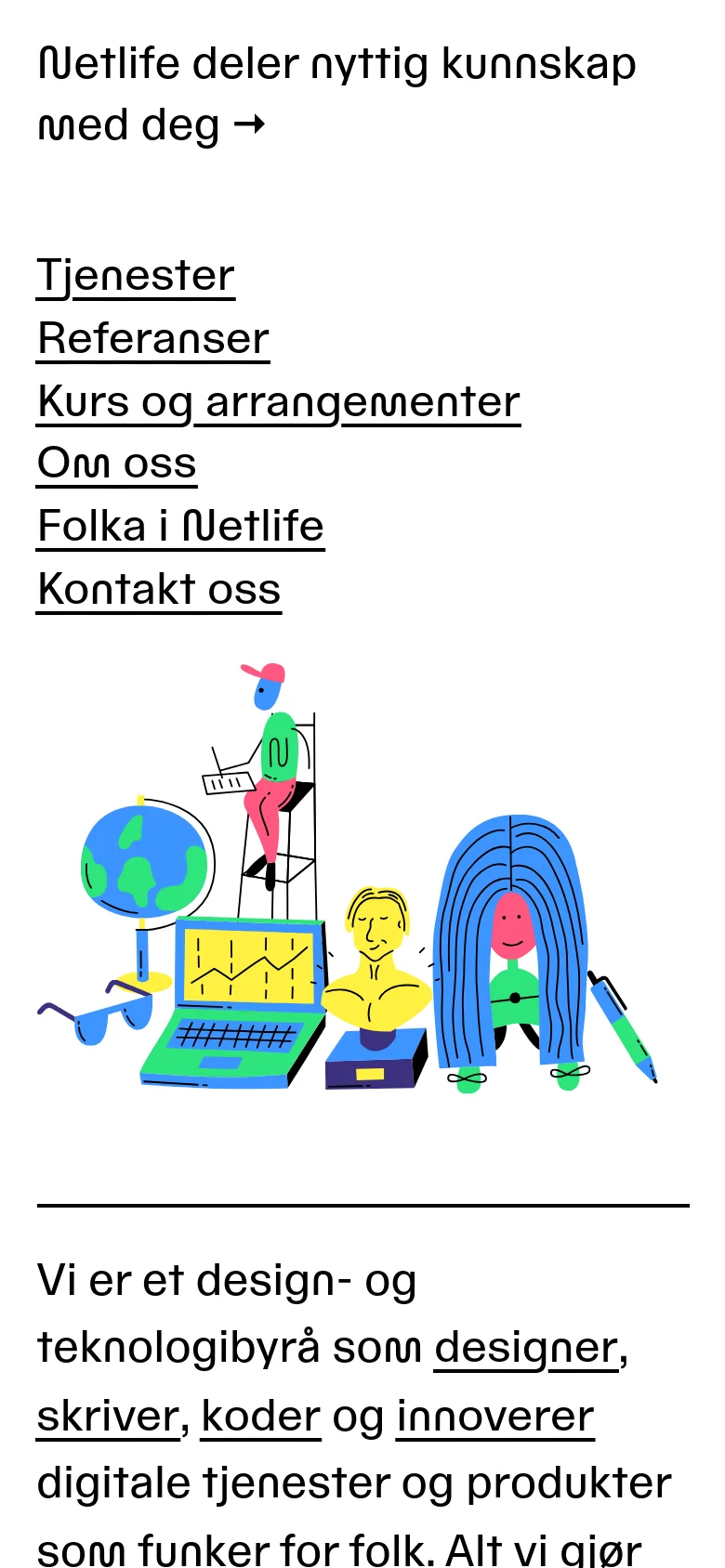 The mobile version presents a vertically stacked layout with the headline and navigation menu appearing at the top. The colorful, abstract illustration of characters and digital elements is positioned below the text, creating a single-column scrolling experience.