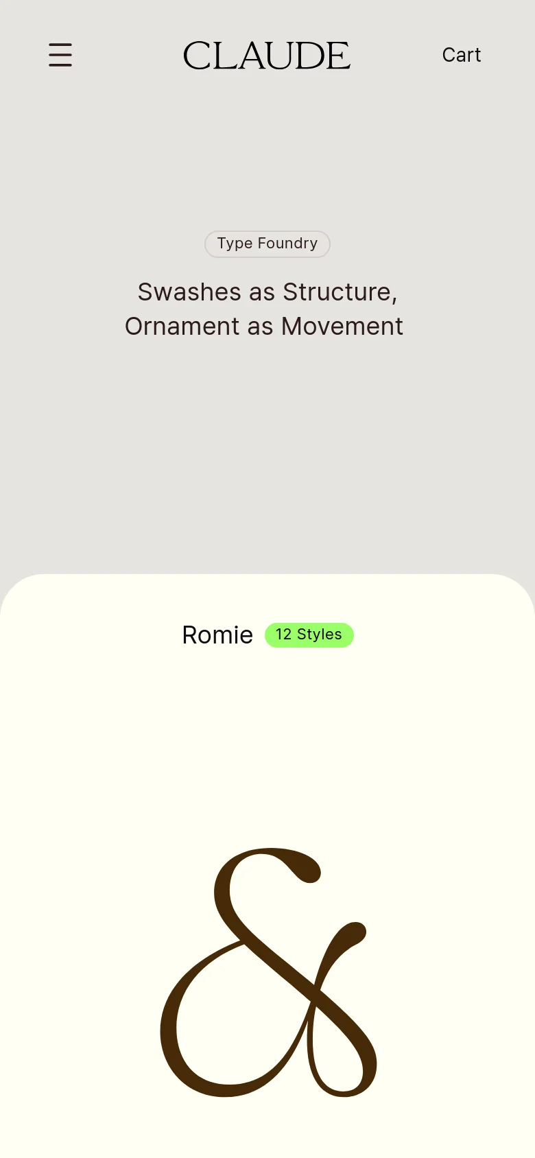 The mobile version maintains the minimalist beige and brown color scheme but uses a vertical single-column layout. The navigation is condensed with a hamburger menu on the left, the 'CLAUDE' logo centered, and 'Cart' on the right, while the typeface specimens are stacked vertically for easier scrolling.