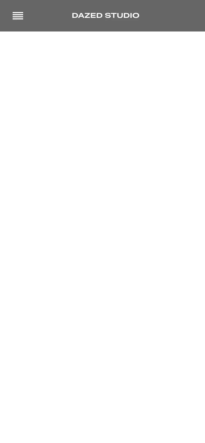 The mobile version simplifies the layout to a clean white interface with a dark grey header. The navigation is condensed into a hamburger menu icon on the left, with the 'DAZED STUDIO' wordmark centered in the header.