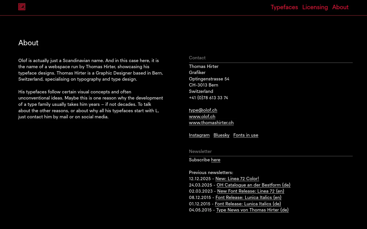The About page features a minimalist black background with white and red text. The layout is split into two columns: a wide left column containing a biographical text about designer Thomas Hirter, and a narrower right column containing contact information, social media links, and a newsletter section. A red navigation bar at the top includes a logo on the left and links for Typefaces, Licensing, and About on the right.