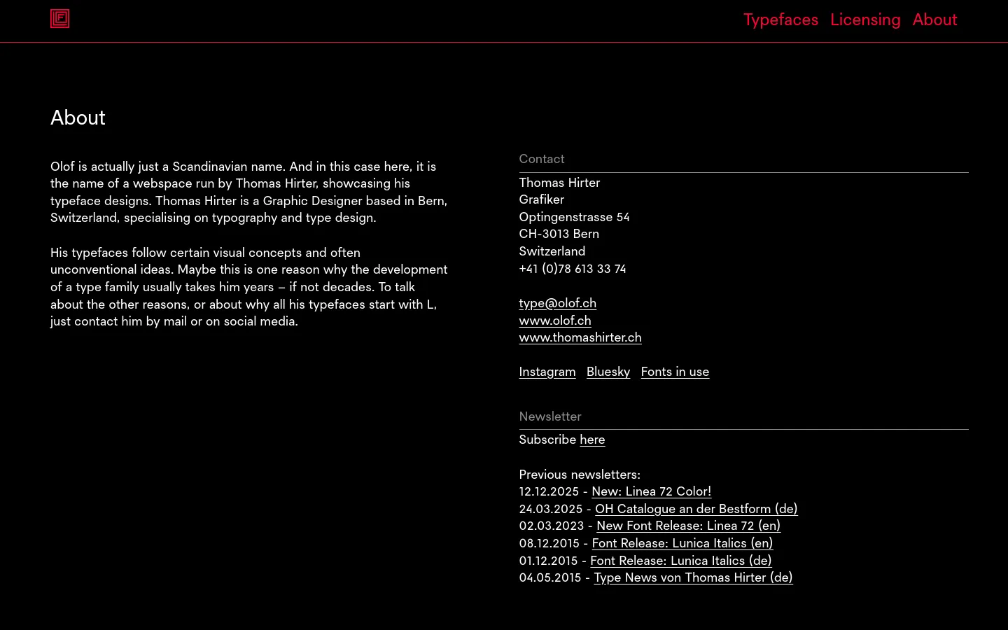 The About page features a minimalist black background with white and red text. The layout is split into two columns: a wide left column containing a biographical text about designer Thomas Hirter, and a narrower right column containing contact information, social media links, and a newsletter section. A red navigation bar at the top includes a logo on the left and links for Typefaces, Licensing, and About on the right.