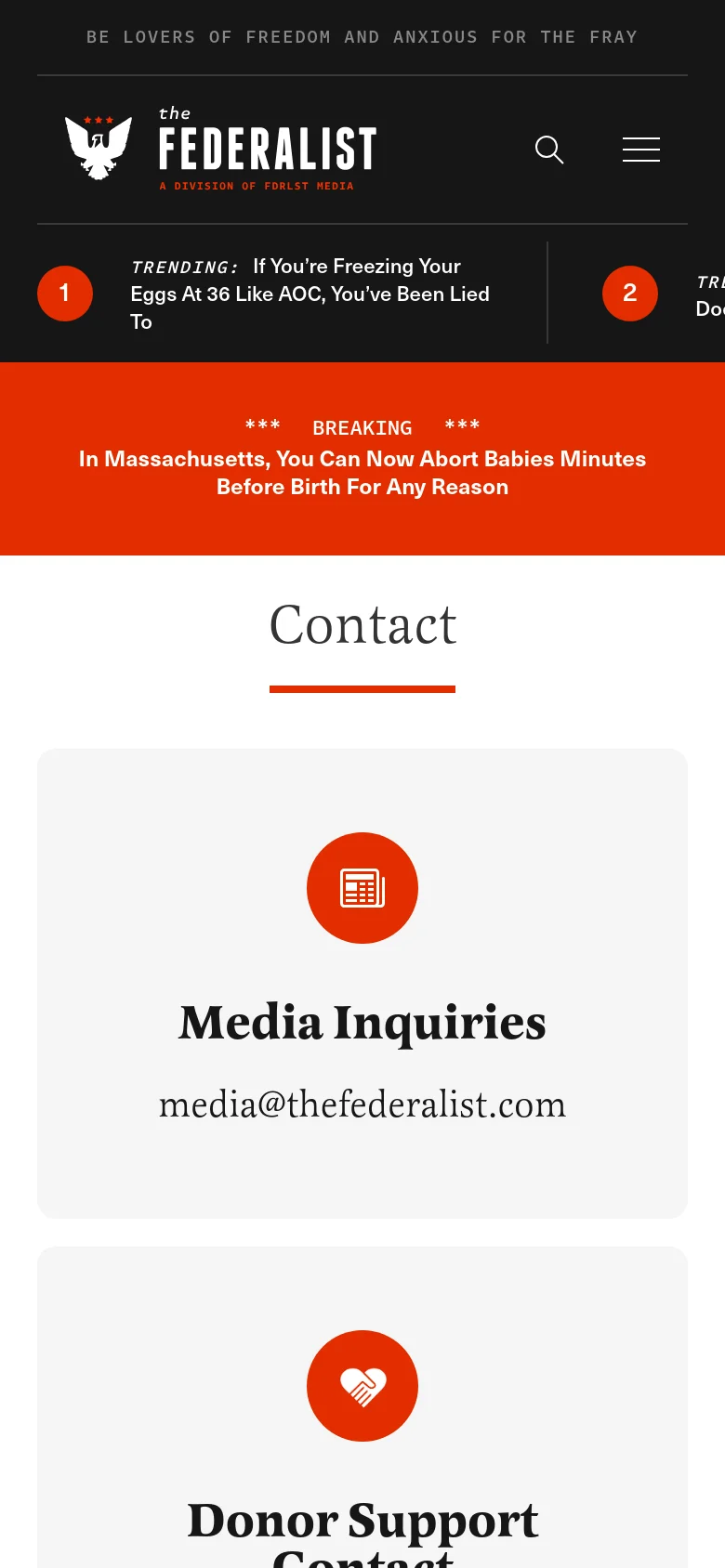 The mobile version simplifies the layout, stacking the contact cards vertically instead of in a grid. The header is condensed with a hamburger menu and search icon, and the red breaking news banner remains prominent at the top of the viewport.