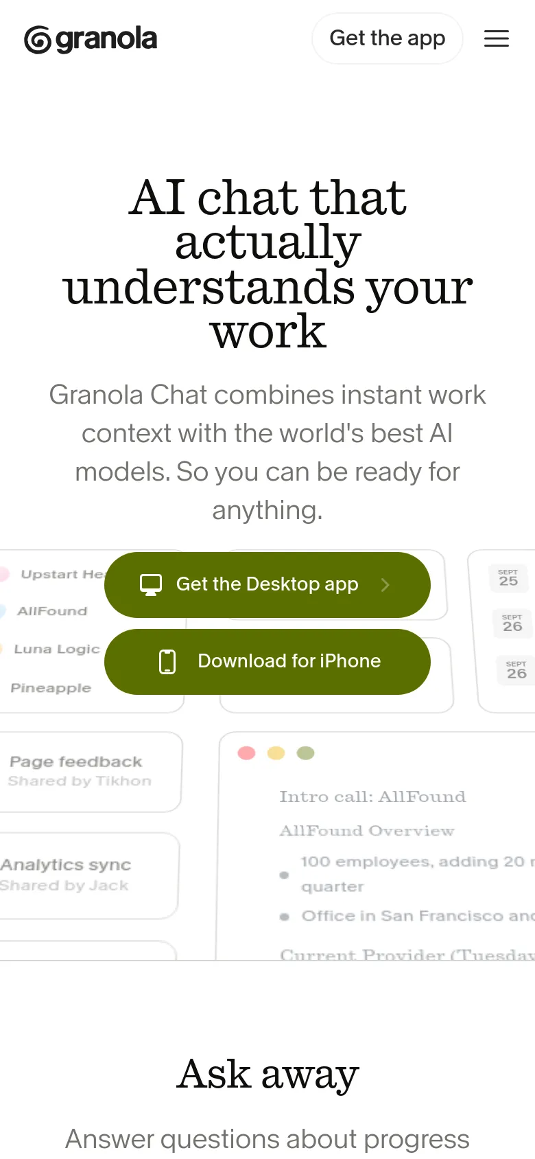 Granola Chat mobile view with a vertically stacked layout. The hero headline is centered above a prominent green Download for iPhone button, followed by a single-column scroll of interface cards and simplified navigation.