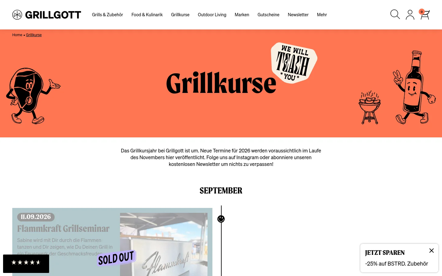 The desktop page features a large coral-colored hero banner with the headline 'Grillkurse' and playful cartoon illustrations of a meat slice and a sauce bottle. Below the banner, a text section explains that 2026 dates are coming soon, followed by a product card for the 'Flammkraft Grillseminar' dated September 11, 2026, which is marked as 'SOLD OUT'. The navigation bar at the top includes the Grillgott logo, various menu links, a search icon, a user icon, and a shopping cart.