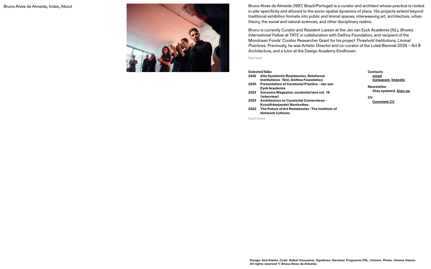 The desktop page features a minimalist layout with a large portrait photograph of Bruno Alves de Almeida on the left and biographical text on the right. Below the main text, a multi-column section lists selected years, projects, and contact links like email, Instagram, and LinkedIn against a clean white background.