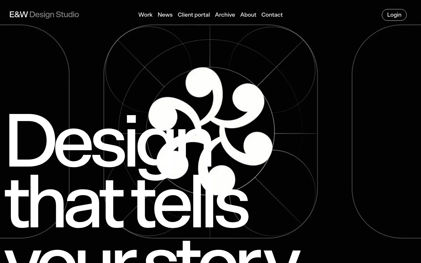 The desktop homepage features a minimalist black background with large, bold white typography reading 'Design that tells your story.' A central white graphic element resembling a stylized flower or geometric pattern is overlaid with thin white circular lines. The navigation menu is positioned at the top with links for Work, News, Client portal, Archive, About, and Contact, alongside a 'Login' button.