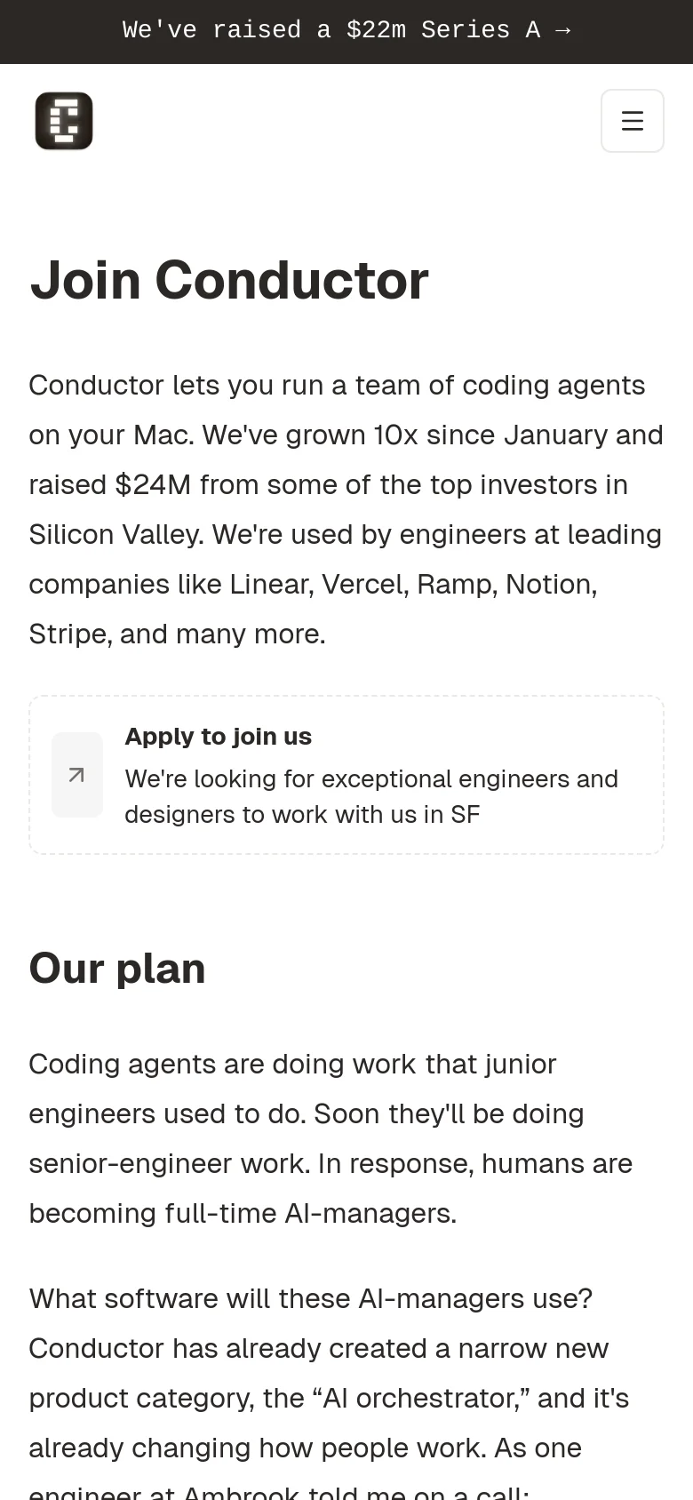 The mobile version simplifies the layout, replacing the top navigation bar with a hamburger menu icon on the right. The 'Join Conductor' headline and introductory text are stacked vertically, followed by the 'Apply to join us' call-to-action card which spans the width of the screen. The 'Our plan' section follows a single-column text format for easy scrolling on smaller devices.