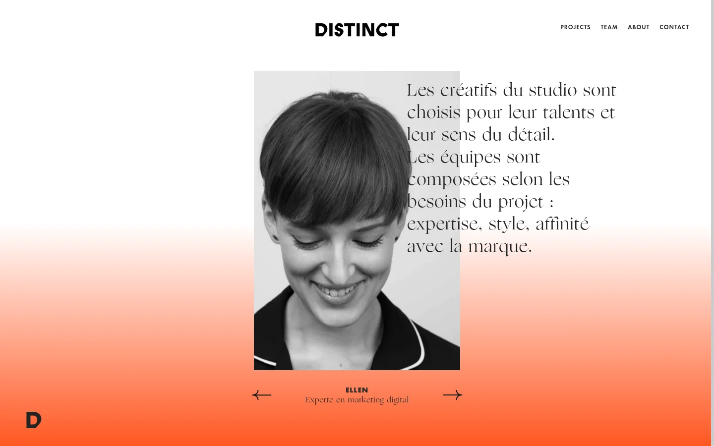 The desktop page features a minimalist design with a white background and a large orange gradient at the bottom. A large black and white portrait of a smiling woman is centered, flanked by serif text describing the studio's creative approach and navigation arrows. The top navigation menu includes links for Projects, Team, About, and Contact.