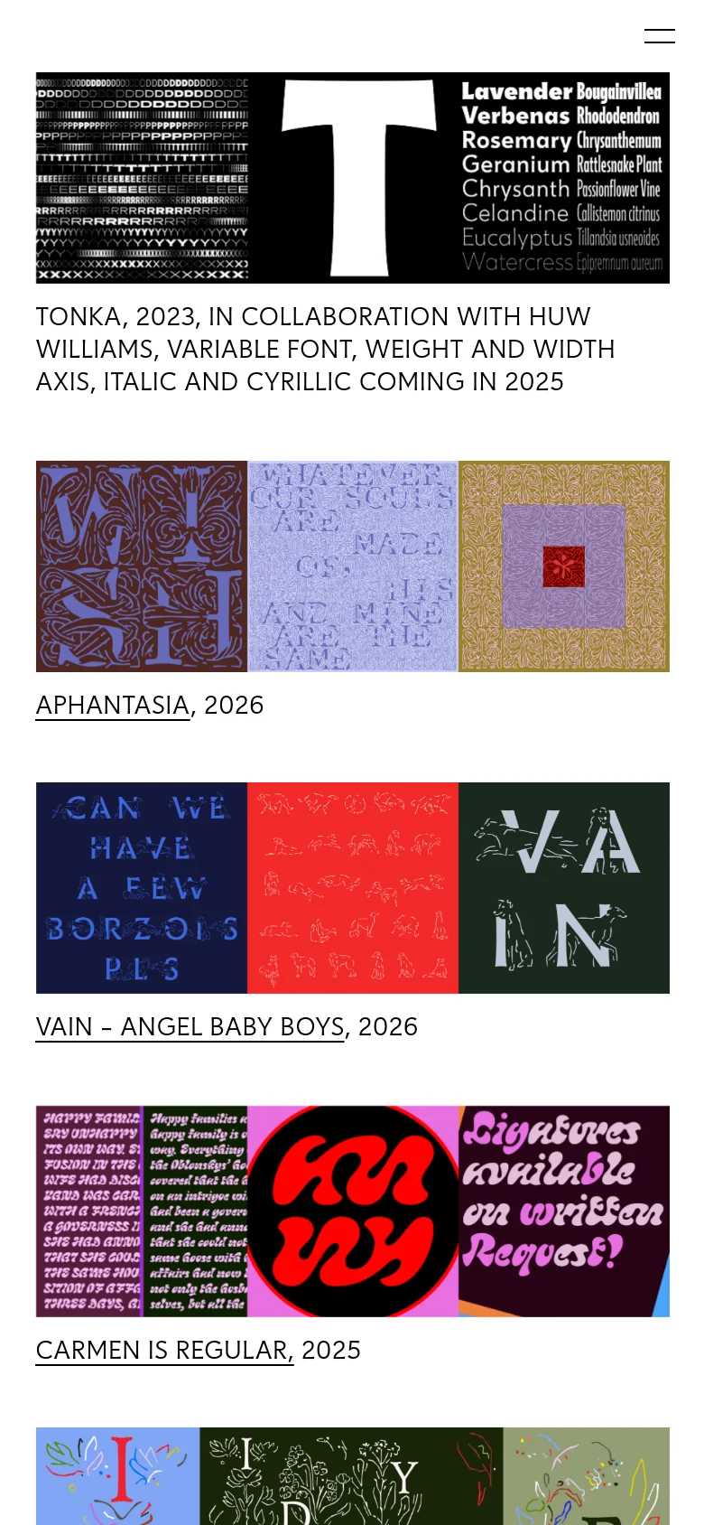 The mobile version simplifies the layout by hiding the sidebar navigation behind a hamburger menu icon in the top right. The typeface previews are stacked vertically in a single column, making the large typographic imagery and text descriptions easier to scroll through on a small screen.