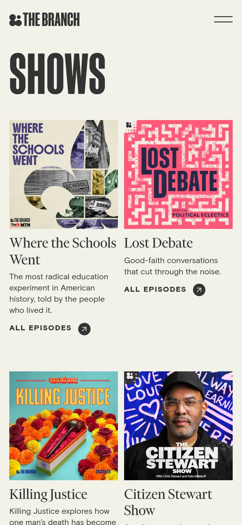 The mobile version maintains the light beige background and large 'SHOWS' headline but transitions to a single-column vertical stack for the podcast entries. Each entry includes the podcast cover art, title, description, and an 'ALL EPISODES' link, optimized for vertical scrolling on a smaller screen.