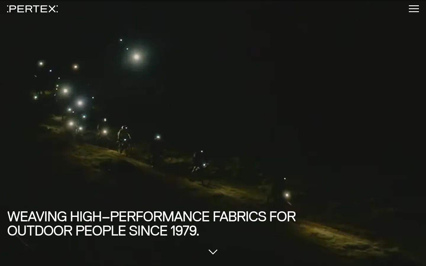 The desktop homepage features a wide hero image of a rugged mountain landscape under a cloudy sky. Large white text overlays the bottom of the image reading 'WEAVING HIGH-PERFORMANCE FABRICS FOR OUTDOOR PEOPLE SINCE 1979.' The Pertex logo is in the top left, and a navigation menu icon is in the top right.