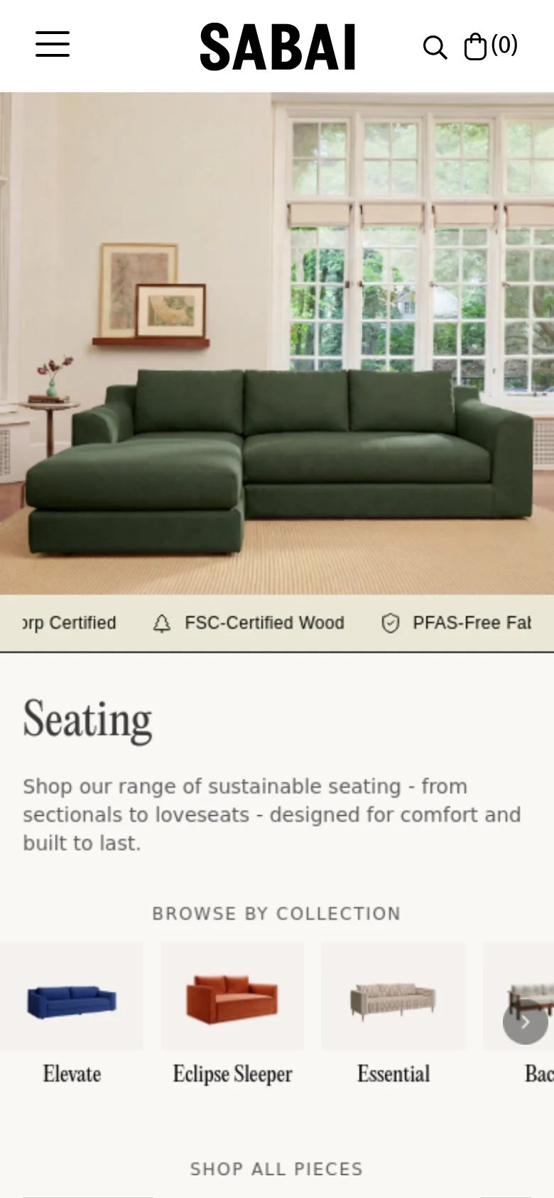 The mobile version features a condensed layout with a hamburger menu and a smaller hero image of a dark green sectional sofa. The 'Seating' heading and descriptive text are centered, followed by a horizontally scrollable row of product collection thumbnails like 'Elevate' and 'Eclipse Sleeper'.