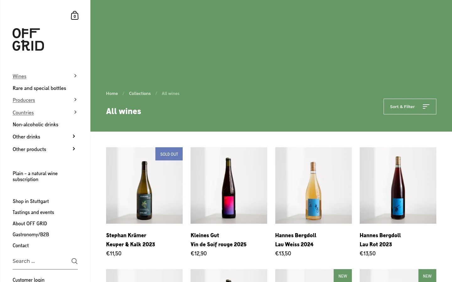 The desktop view shows a wine collection page with a large green hero section containing the title 'All wines' and a 'Sort & Filter' button. Below, a grid of wine products is displayed, each featuring a bottle image against a light gray background, the producer's name, wine name, and price. A white sidebar on the left provides navigation links like 'Wines', 'Producers', and 'Countries'.