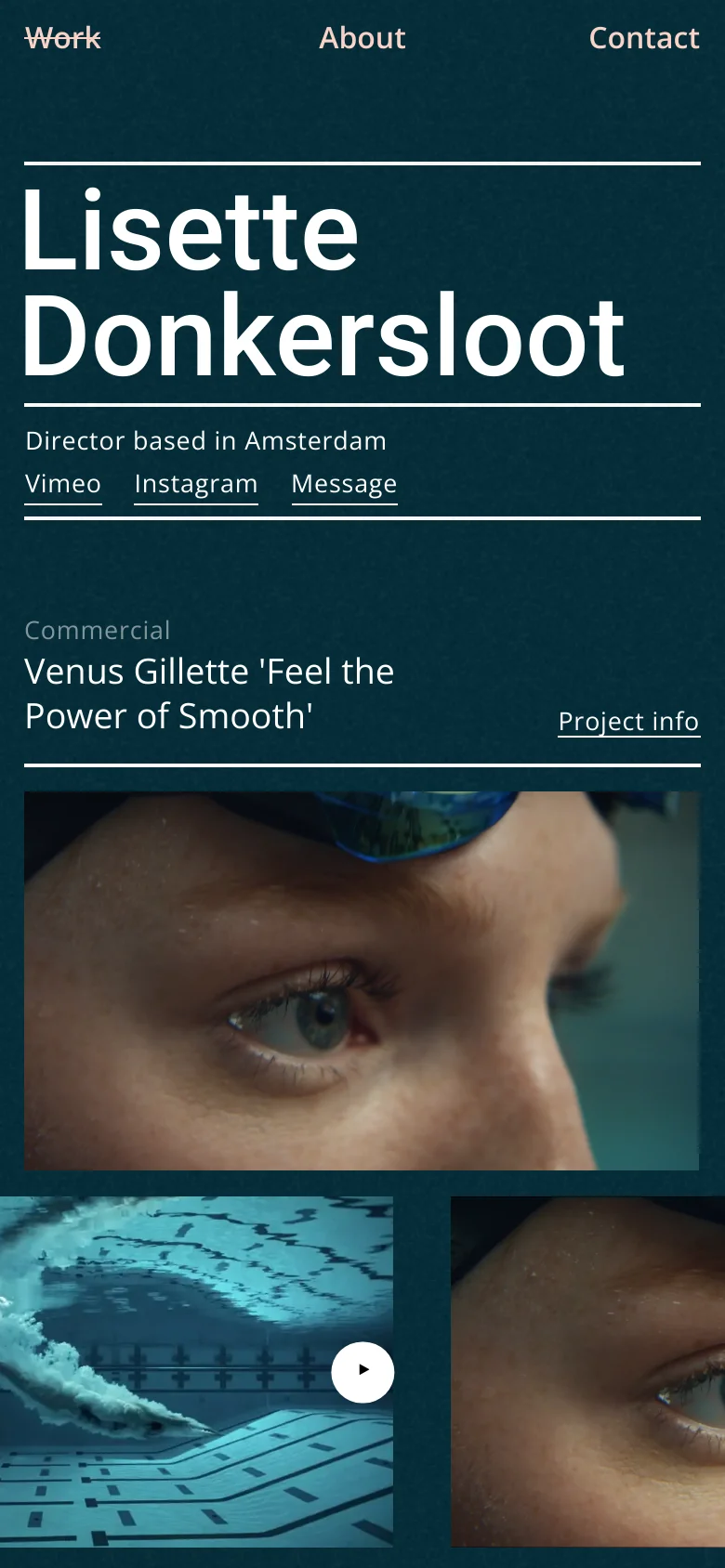 The mobile version rearranges the layout into a vertical stack, moving the navigation links to a horizontal top bar. The large name heading remains prominent at the top, followed by social links and the commercial project title. The video thumbnails and project imagery are scaled to fit the narrow width of the screen.