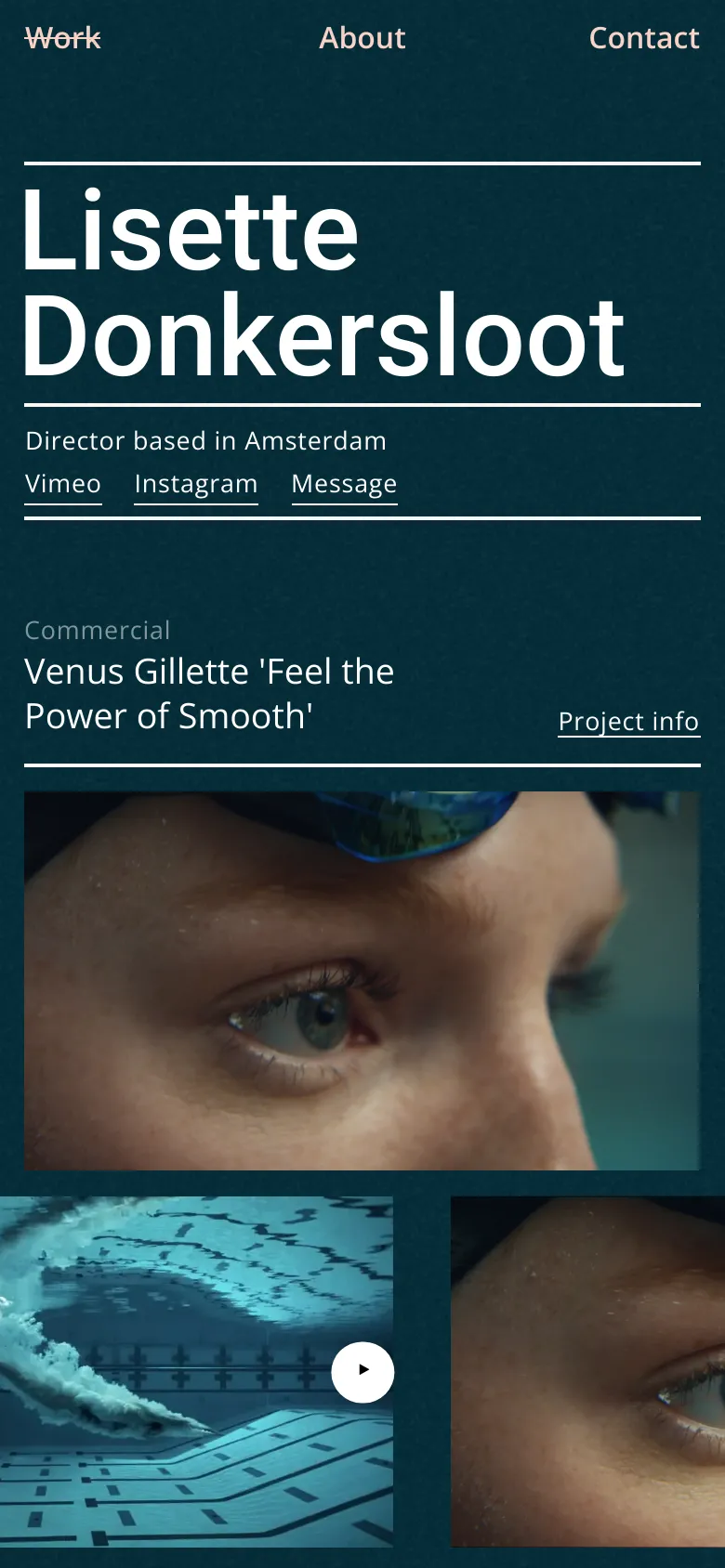 The mobile version rearranges the layout into a vertical stack, moving the navigation links to a horizontal top bar. The large name heading remains prominent at the top, followed by social links and the commercial project title. The video thumbnails and project imagery are scaled to fit the narrow width of the screen.