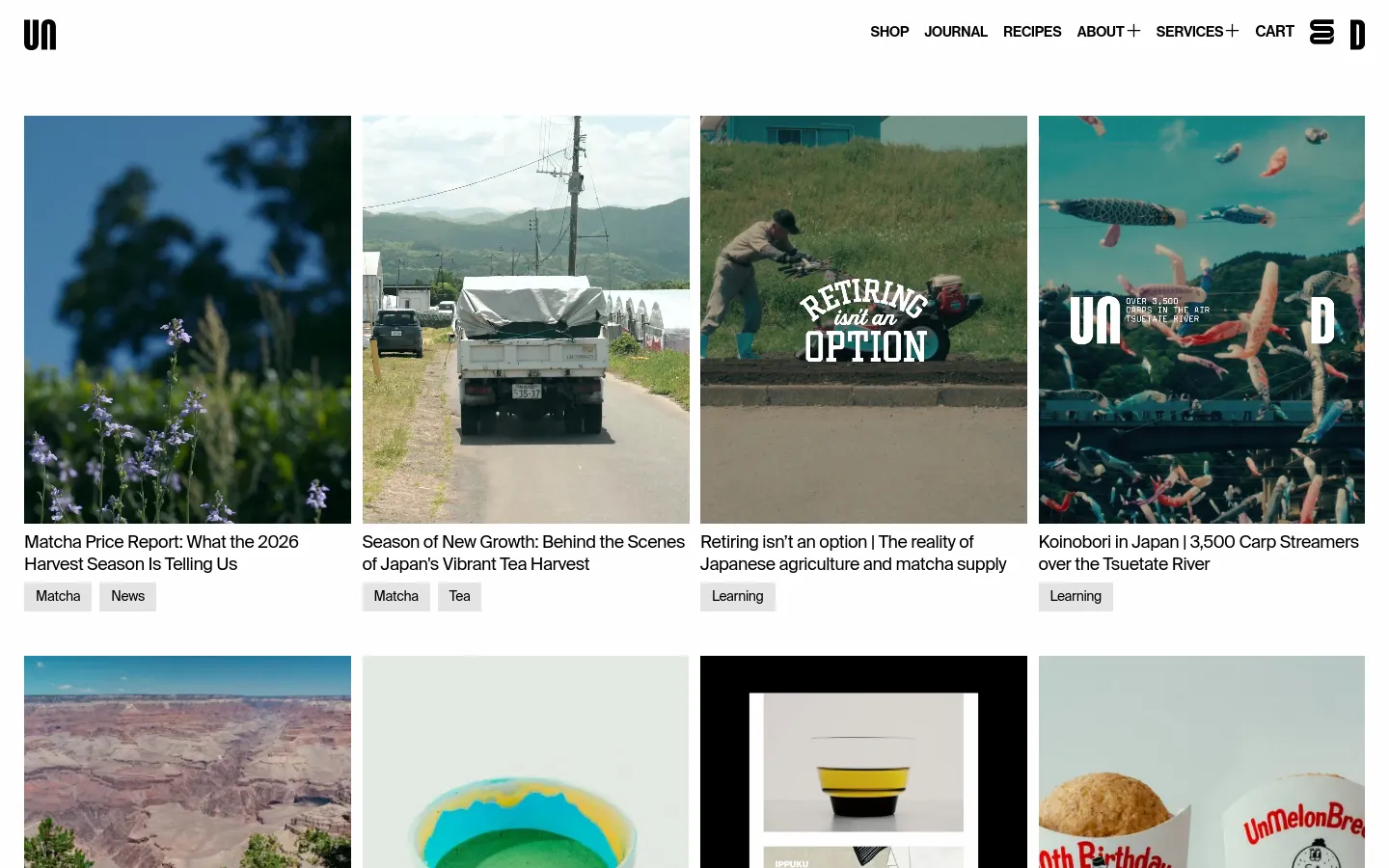 The Journal page features a clean, minimalist grid layout with large, high-quality photographic tiles for various articles. Each tile includes a headline, category tags like 'Matcha' or 'Learning', and a prominent image. The color palette is natural and earthy, set against a white background with black typography.