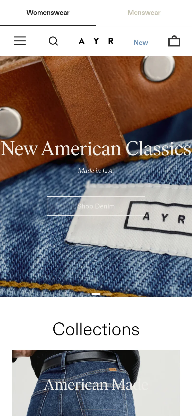 The mobile version presents a simplified header with a hamburger menu, search icon, and shopping bag. The hero section maintains the close-up denim and leather imagery with the same headline and call to action, but the text and buttons are scaled to fit the narrower vertical screen.
