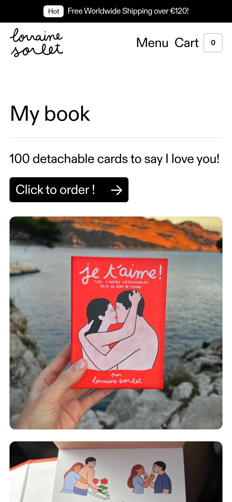 The mobile version presents a vertically stacked layout with the 'My book' title and 'Click to order!' button at the top. The hero image of the red book is centered and takes up most of the width, followed by subsequent product images. The desktop navigation is replaced by a 'Menu' text link and a 'Cart' icon at the top right.