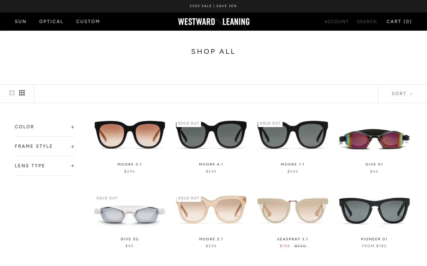 The desktop version of the Shop All page features a clean, minimalist white layout with a black header containing navigation links. A left-hand sidebar provides multiple filtering options by color, frame style, and lens type, while a grid of sunglasses products is displayed on the right with names and prices. Each product image is centered above its respective title and price.