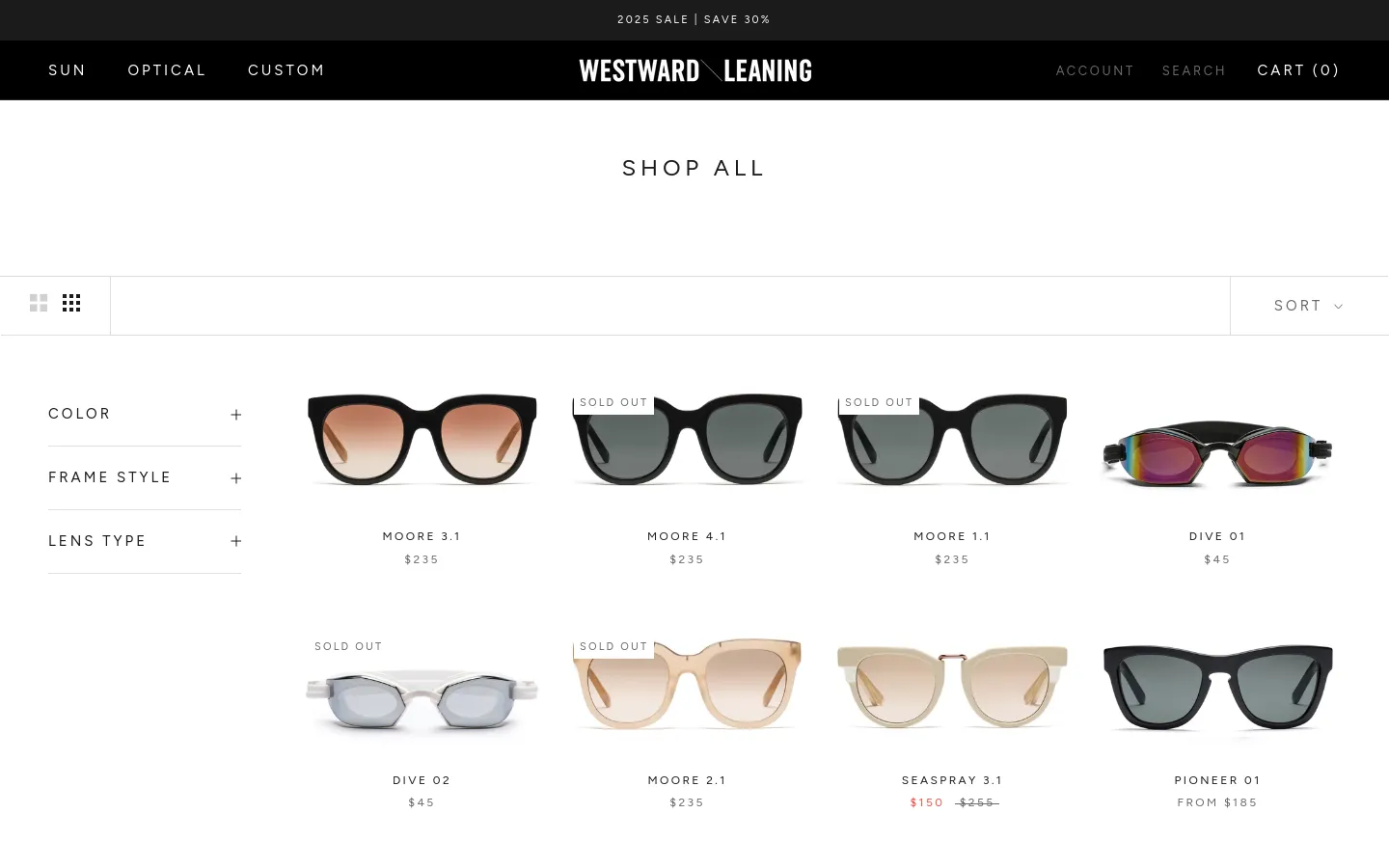 The desktop version of the Shop All page features a clean, minimalist white layout with a black header containing navigation links. A left-hand sidebar provides multiple filtering options by color, frame style, and lens type, while a grid of sunglasses products is displayed on the right with names and prices. Each product image is centered above its respective title and price.