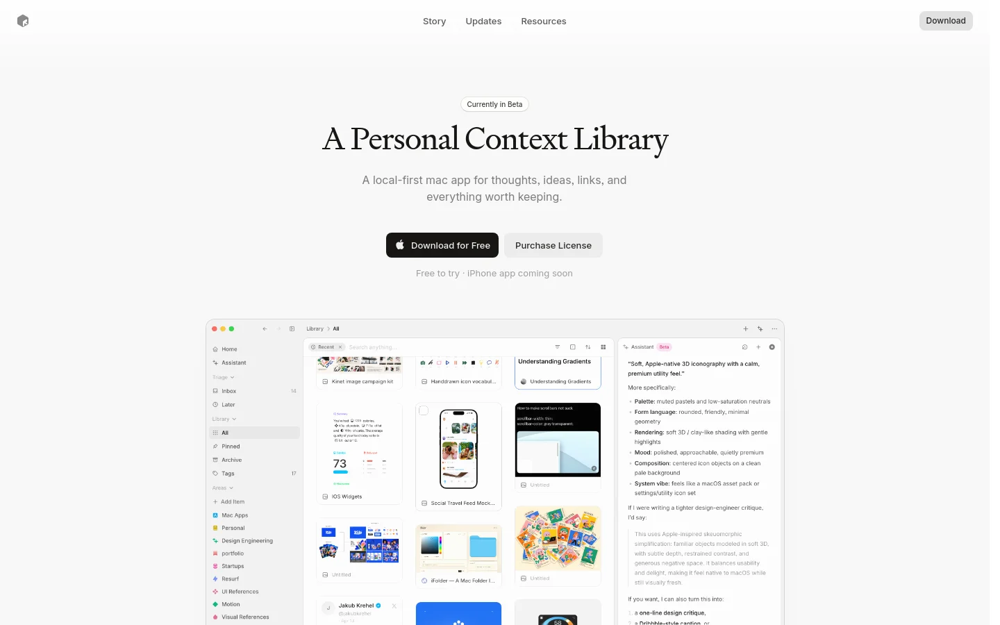 The desktop homepage features a clean, minimalist white layout with dark text. A large hero headline reads 'A Personal Context Library' above two primary buttons: 'Download for Free' and 'Purchase License,' followed by a large screenshot of the Resurf Mac application interface showing a grid of saved notes, links, and an AI assistant sidebar.