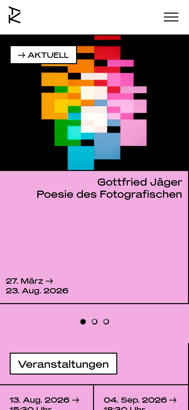 The mobile version presents a vertically stacked layout where the colorful pixelated graphic occupies the top half of the screen above a pink section containing the exhibition title and dates. A large 'Veranstaltungen' button is centered below the hero section, followed by a single-column list of event details. The navigation menu is condensed into a hamburger icon at the top right.