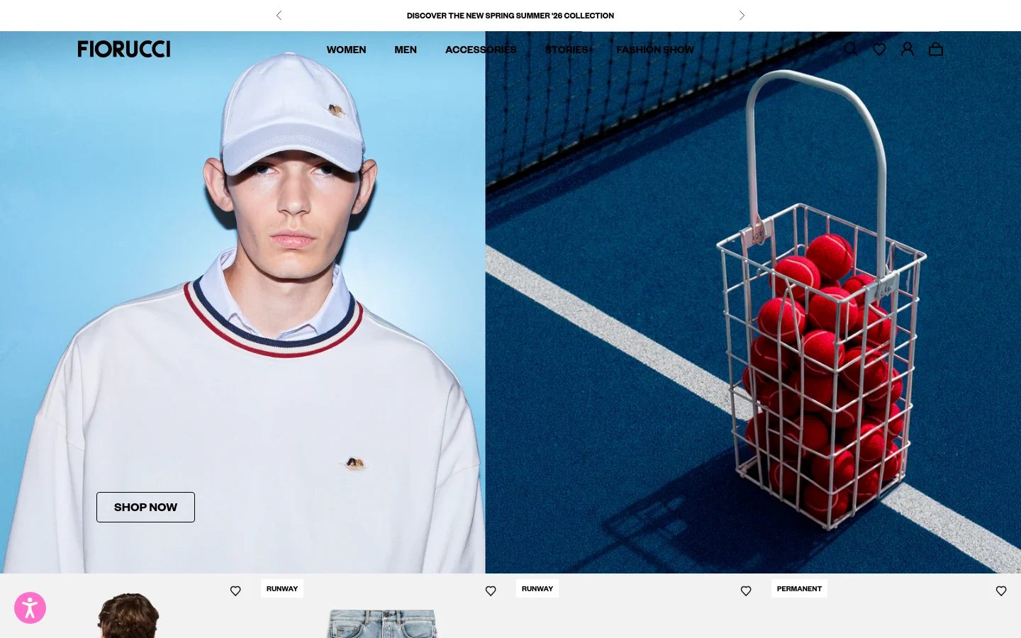 The Fiorucci homepage features a minimalist design with a large hero image of a person in a white sweatshirt and cap against a blue background, next to a tennis ball basket. A navigation bar at the top includes links for Women, Men, Accessories, Stories, and Fashion Show, alongside a 'SHOP NOW' call to action button. Below the hero section, a product grid displays items like jackets and jeans with prices and labels such as 'RUNWAY' or 'PERMANENT'.