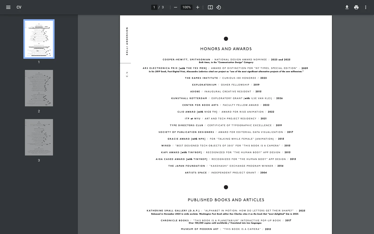 A desktop view of a PDF document viewer displaying a professional curriculum vitae for Kelli Anderson. The document features a minimalist white background with black serif typography, organized into sections like 'HONORS AND AWARDS' and 'PUBLISHED BOOKS AND ARTICLES'. A sidebar on the left shows small thumbnail previews of the three pages in the document.