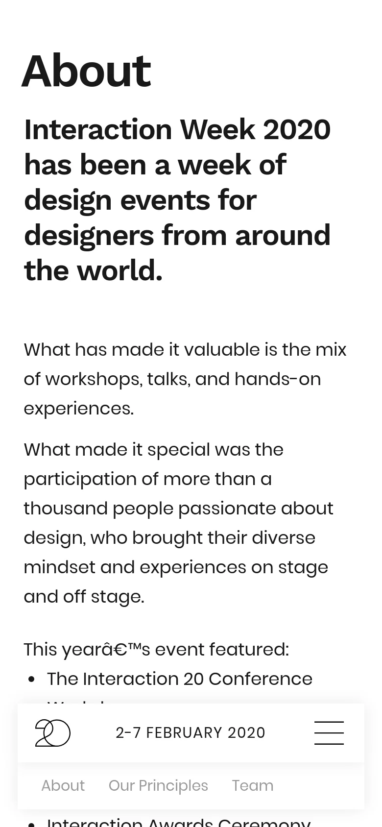 The mobile version maintains the minimalist white and black aesthetic but uses a simplified layout. The top navigation is condensed into a hamburger menu icon next to the event dates, and the large 'About' headline and body text are stacked vertically for easy scrolling on a narrow screen.