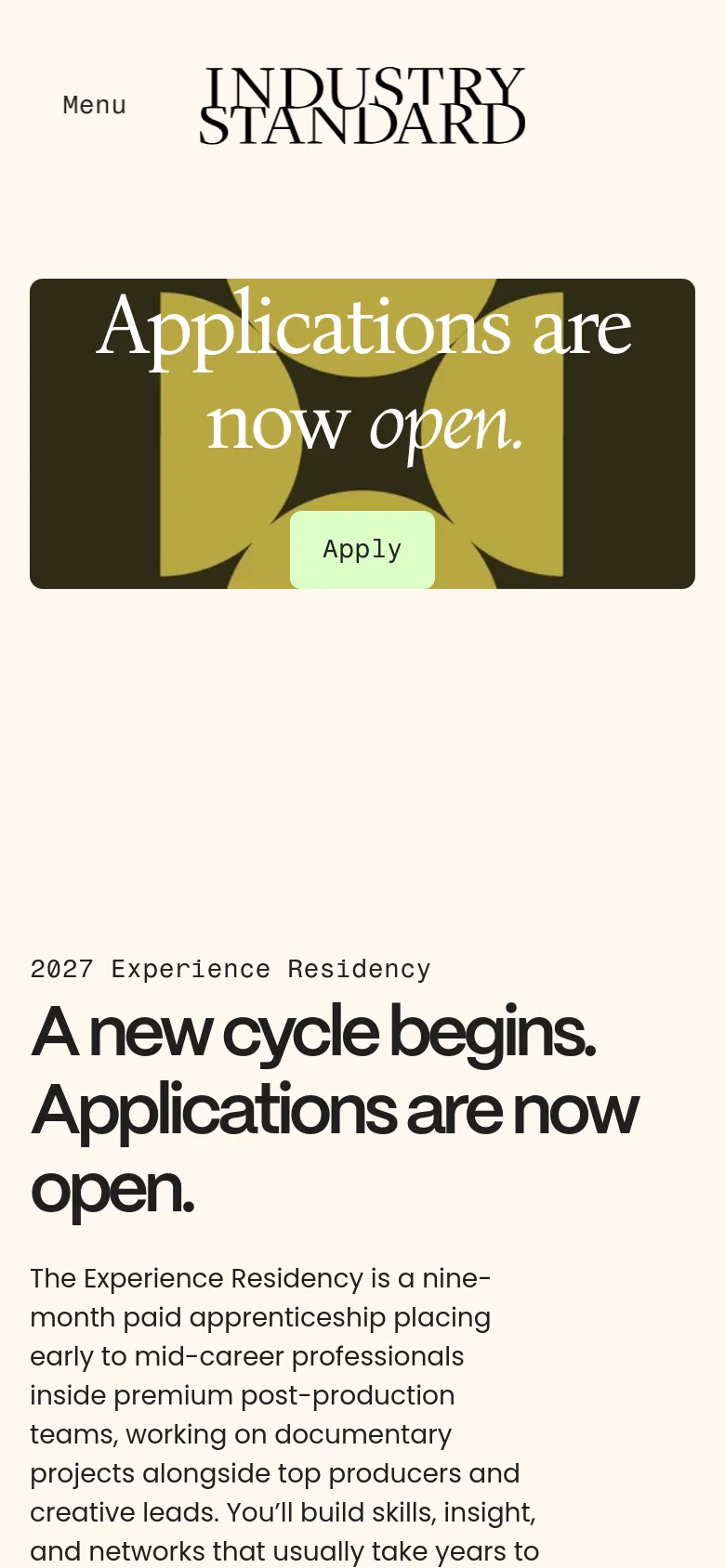 The mobile version presents a simplified, vertically stacked layout starting with a condensed hero section featuring the gold graphic and 'Apply' button. The text and pathway cards are scaled for vertical scrolling, maintaining the high-contrast dark and light color scheme used on the desktop version.