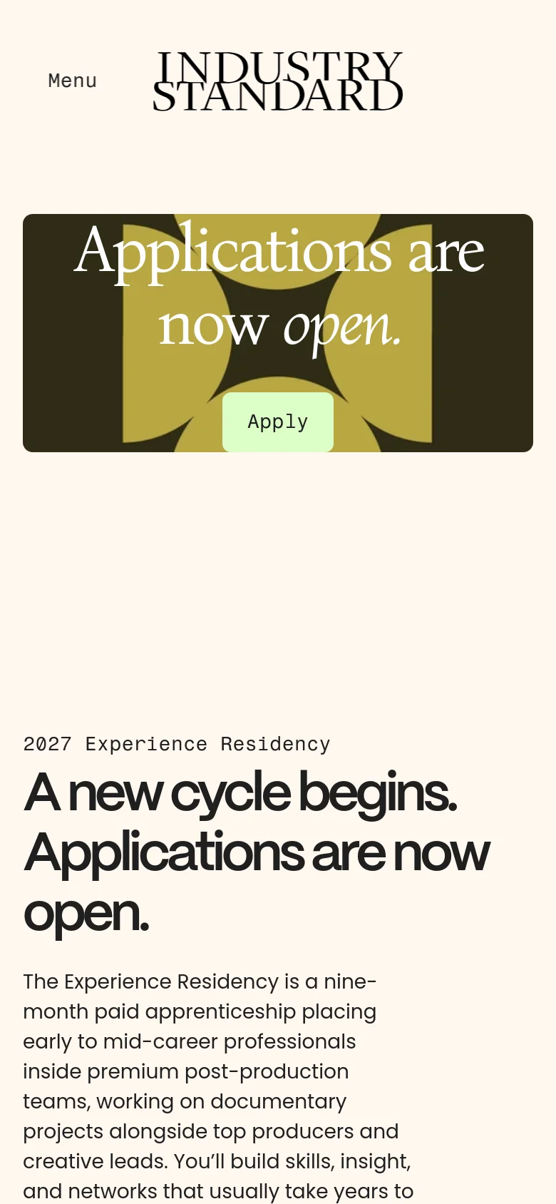 The mobile version presents a simplified, vertically stacked layout starting with a condensed hero section featuring the gold graphic and 'Apply' button. The text and pathway cards are scaled for vertical scrolling, maintaining the high-contrast dark and light color scheme used on the desktop version.