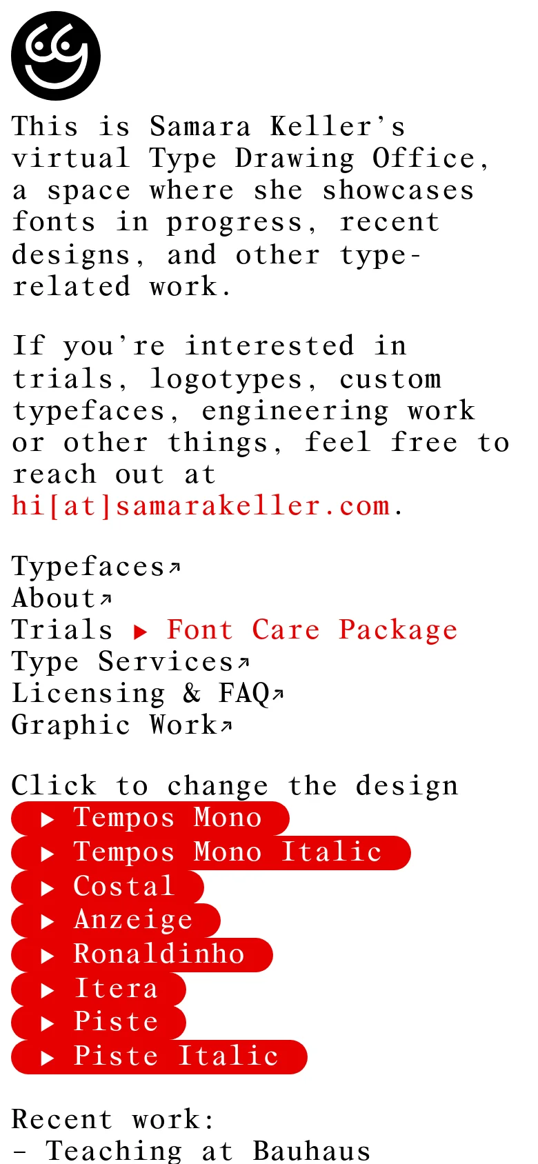 The mobile version maintains the minimalist white and black monospaced design but uses a single-column vertical layout. The red pill-shaped typeface selection buttons and navigation links are stacked vertically to fit the narrower screen width.