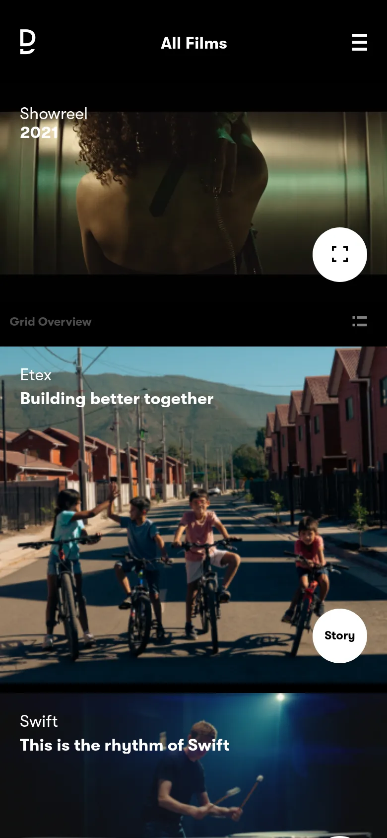 The mobile version uses a simplified vertical layout with a condensed header and a large 'All Films' title. The video reel and case study grid are stacked vertically, with larger, full-width imagery and prominent 'Story' call-to-action buttons.