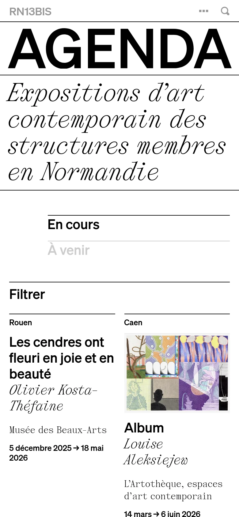 The mobile version maintains the large 'AGENDA' header and serif subtitle but stacks the content vertically for easier scrolling. The filtering options and exhibition cards are reorganized into a single-column layout, prioritizing readability on a narrow screen while retaining the minimalist black and white aesthetic.