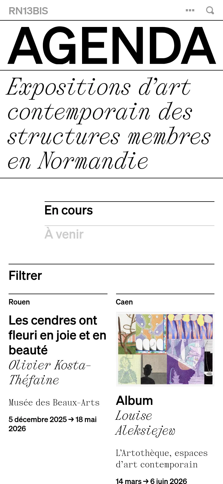 The mobile version maintains the large 'AGENDA' header and serif subtitle but stacks the content vertically for easier scrolling. The filtering options and exhibition cards are reorganized into a single-column layout, prioritizing readability on a narrow screen while retaining the minimalist black and white aesthetic.