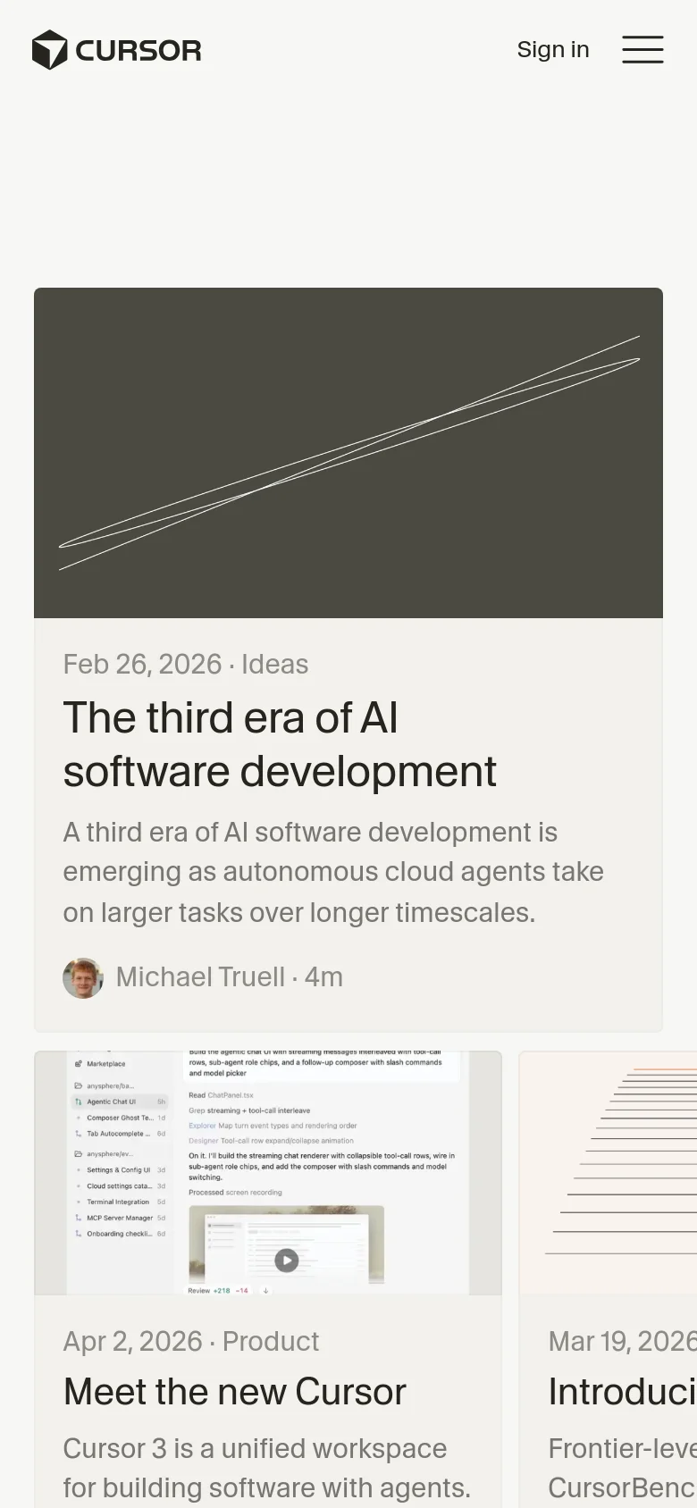 The mobile version presents a single-column vertical layout of blog posts on a dark background. The large hero graphic is scaled down, and article entries like 'Meet the new Cursor' and 'The third era of AI software development' are stacked vertically for easy scrolling.