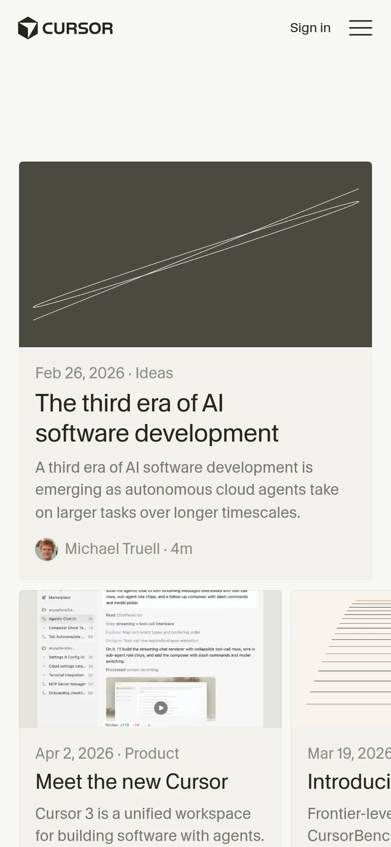 The mobile version presents a single-column vertical layout of blog posts on a dark background. The large hero graphic is scaled down, and article entries like 'Meet the new Cursor' and 'The third era of AI software development' are stacked vertically for easy scrolling.