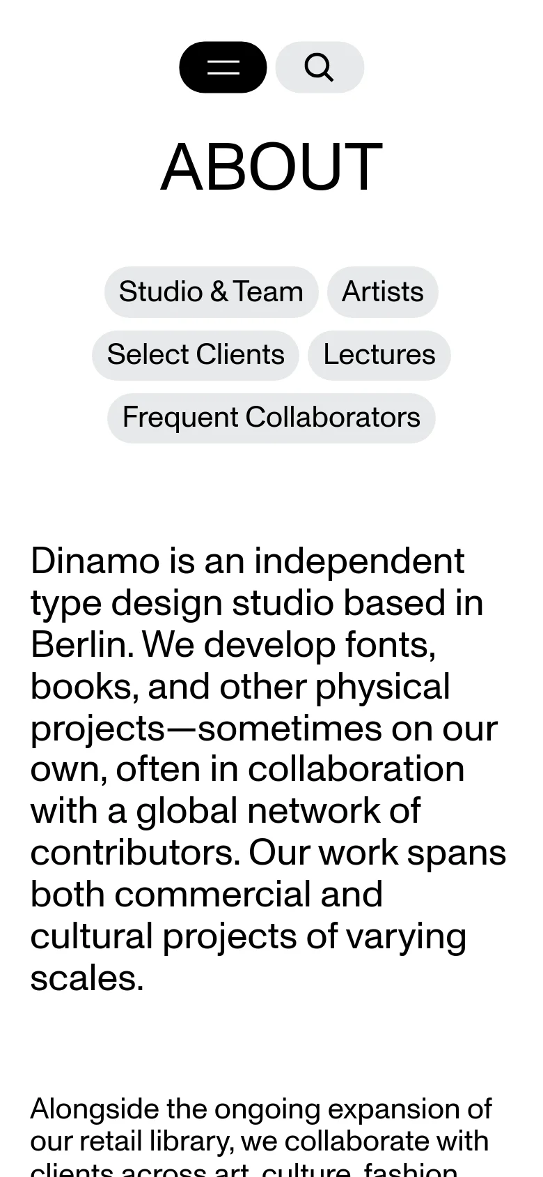 Dinamo About page in a mobile-responsive stacked layout. The large ABOUT headline is centered above pill-shaped navigation buttons that wrap to multiple lines. The main body text is presented in a single-column format for easy reading on small screens.