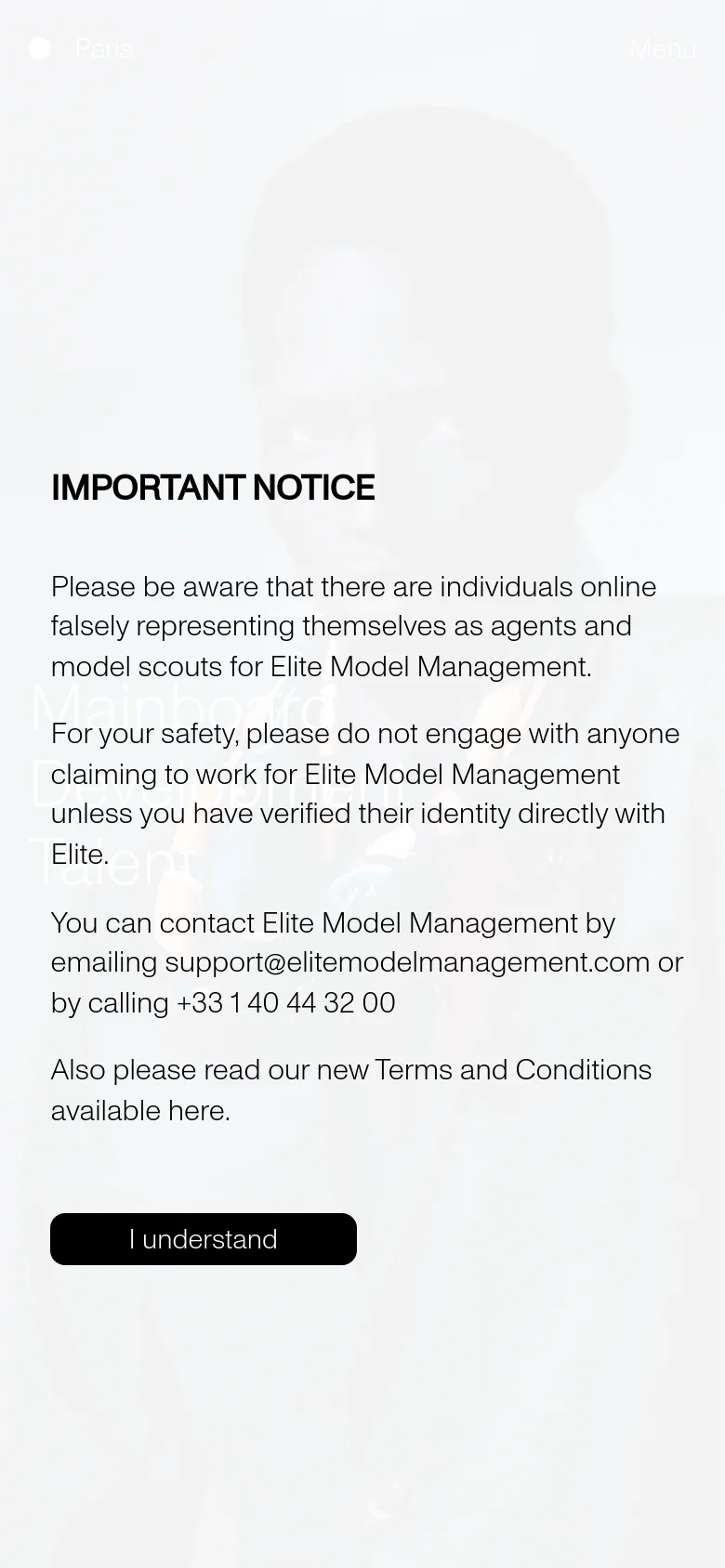 Elite Model homepage mobile website screenshot