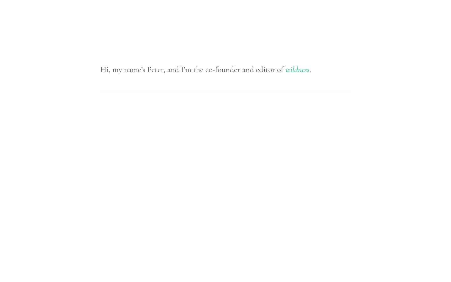 A minimalist website with a white background and black serif text. The center of the page features a single sentence introducing Peter as the co-founder and editor of wildness, with the word wildness in a teal italic font.