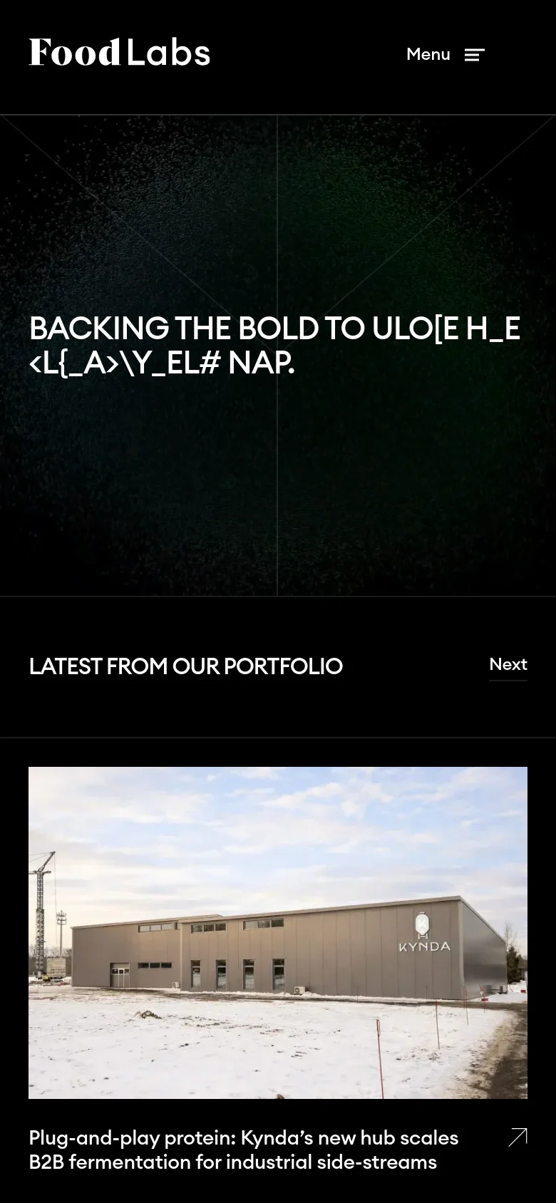 The mobile version simplifies the layout, replacing the top navigation bar with a 'Menu' hamburger icon next to the FoodLabs logo. The hero headline is centered against the dark, textured background, and the 'LATEST FROM OUR PORTFOLIO' section follows, displaying news content in a vertical stack optimized for smaller screens.