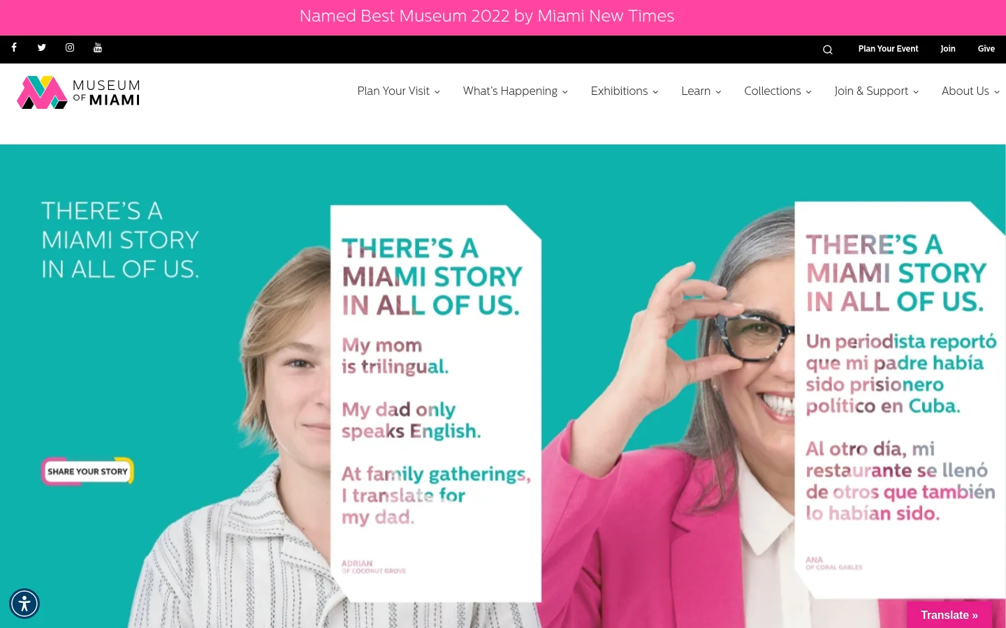 The Museum of Miami homepage features a teal hero section with the headline 'There's a Miami Story in All of Us' and photos of diverse people with overlaid personal quotes. A white navigation bar includes the museum logo, dropdown menus for Plan Your Visit, What's Happening, and Exhibitions, and links to Join and Give. A pink banner at the bottom highlights the museum as 'Named Best Museum 2022 by Miami New Times.'