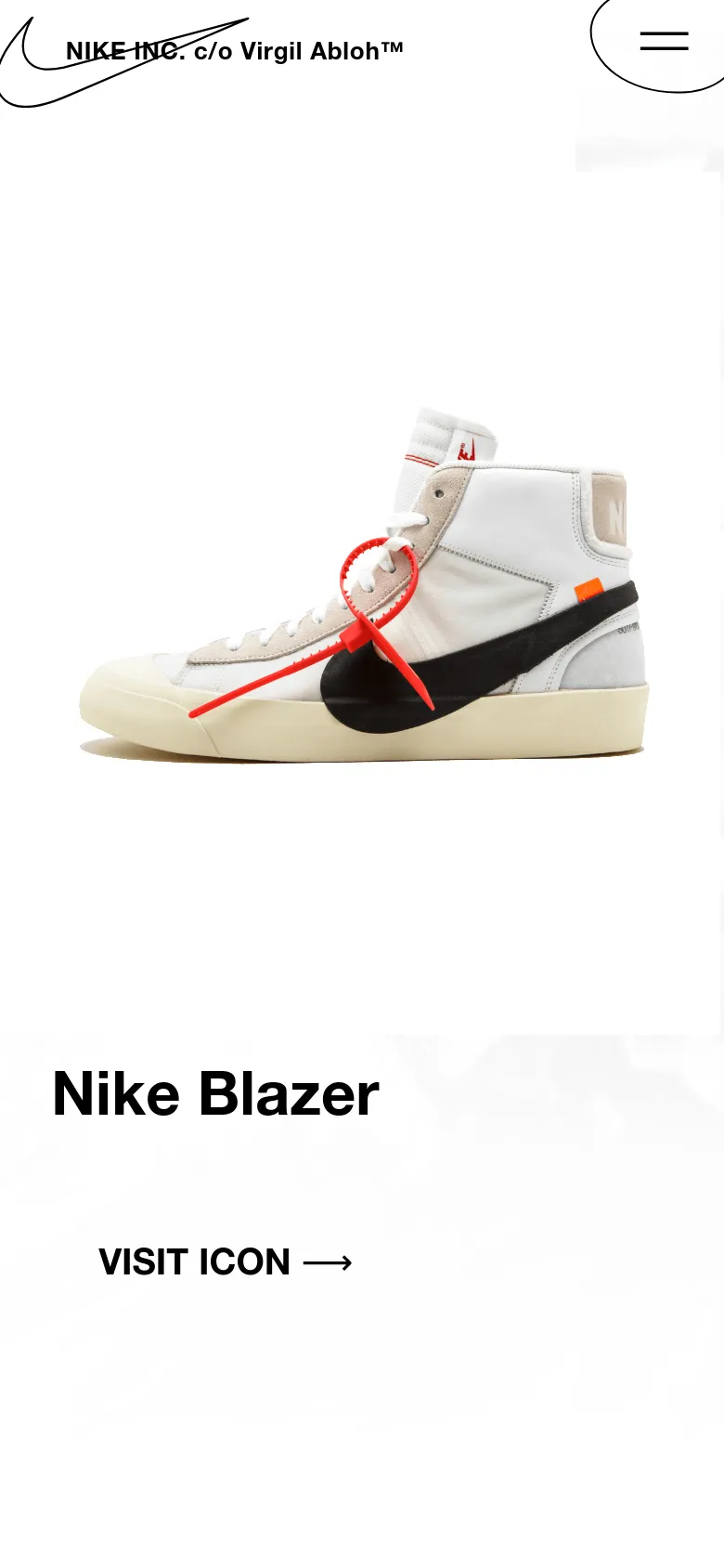 The mobile version maintains the minimalist aesthetic, centering the large sneaker image above the 'Nike Blazer' headline and 'VISIT ICON' link. The layout shifts to a vertical stack to accommodate the narrower screen, keeping the primary focus on the product imagery and the call to action.