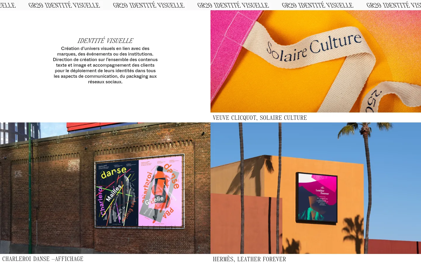 The desktop page features a minimalist layout with a white background and black serif typography. The top section contains a text introduction on the left and a large hero image of a white ribbon with 'Solaire Culture' text on a yellow and pink background on the right. Below, a grid displays large project images, including a poster for Charleroi Danse on a brick wall and a Hermès advertisement on an orange building.