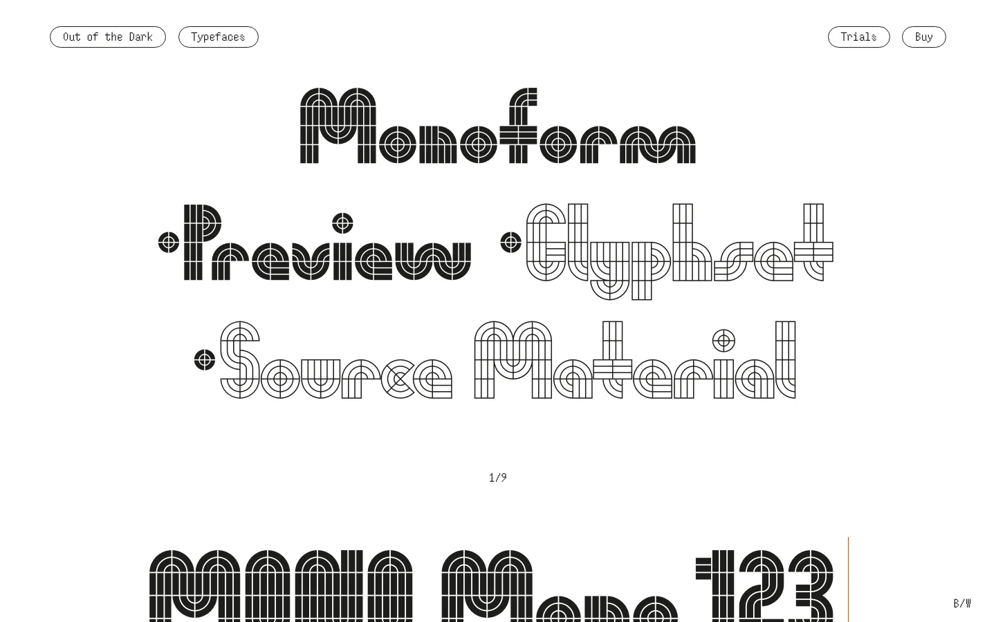 The desktop homepage for Out of the Dark type foundry features a minimalist white background with black text and navigation buttons. The hero section showcases the 'Monoform' typeface with large, stylized geometric lettering and links for Preview, Glyphset, and Source Material. A navigation bar at the top includes buttons for Out of the Dark, Typefaces, Trials, and Buy.