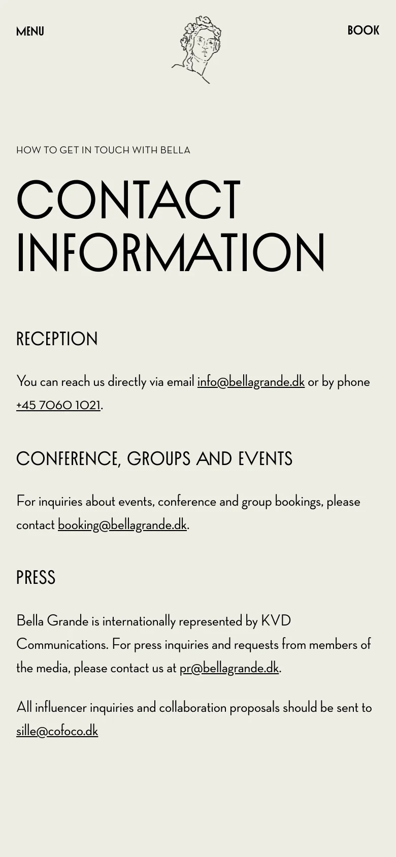 The mobile version maintains the minimalist cream and black aesthetic but optimizes the layout for a narrow screen. The line-art illustration and 'BOOK' navigation remain at the top, while the contact sections are stacked vertically for easier scrolling on a handheld device.