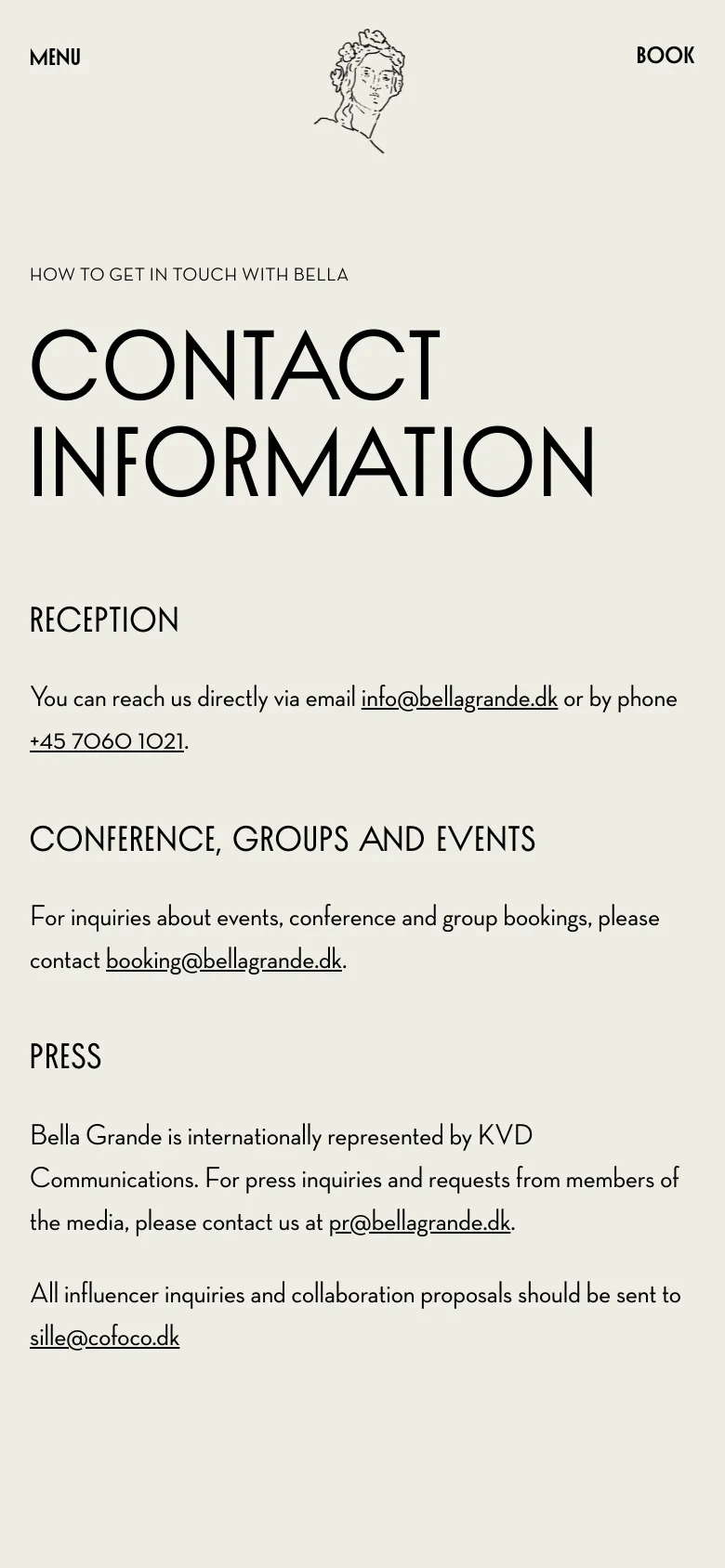The mobile version maintains the minimalist cream and black aesthetic but optimizes the layout for a narrow screen. The line-art illustration and 'BOOK' navigation remain at the top, while the contact sections are stacked vertically for easier scrolling on a handheld device.