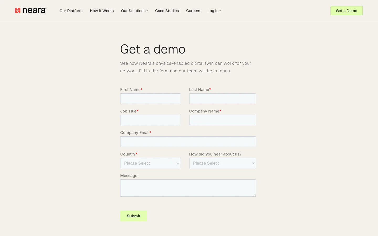 The desktop page features a clean, minimalist layout with a light gray background and a centered 'Get a demo' heading. Below the heading is a brief description followed by a multi-field contact form including name, job title, company, email, and message fields, ending with a lime green 'Submit' button. The top navigation bar includes the Neara logo and links for platform, solutions, and case studies.
