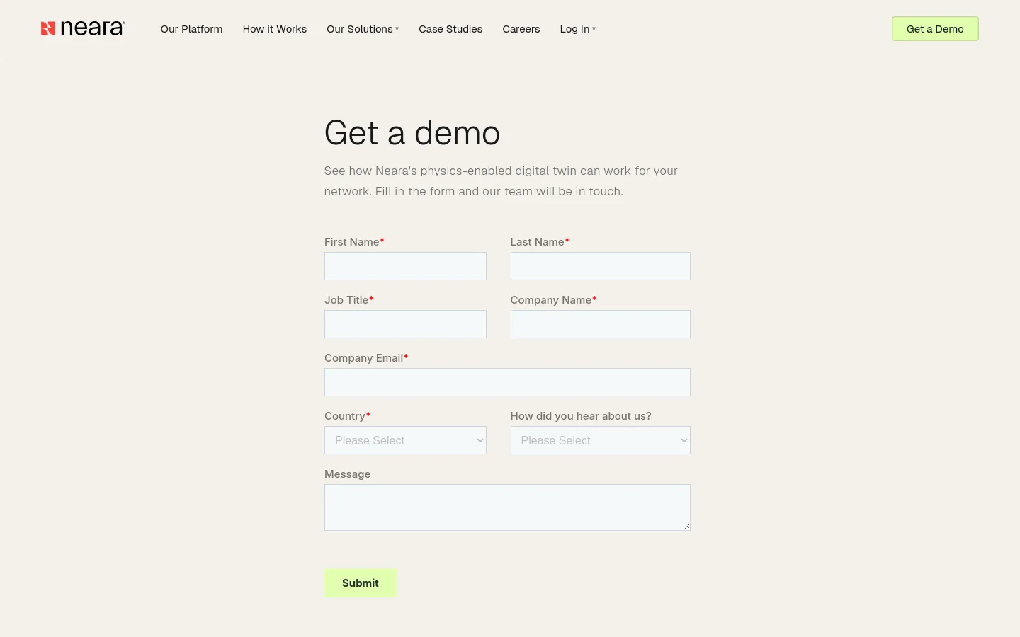 The desktop page features a clean, minimalist layout with a light gray background and a centered 'Get a demo' heading. Below the heading is a brief description followed by a multi-field contact form including name, job title, company, email, and message fields, ending with a lime green 'Submit' button. The top navigation bar includes the Neara logo and links for platform, solutions, and case studies.